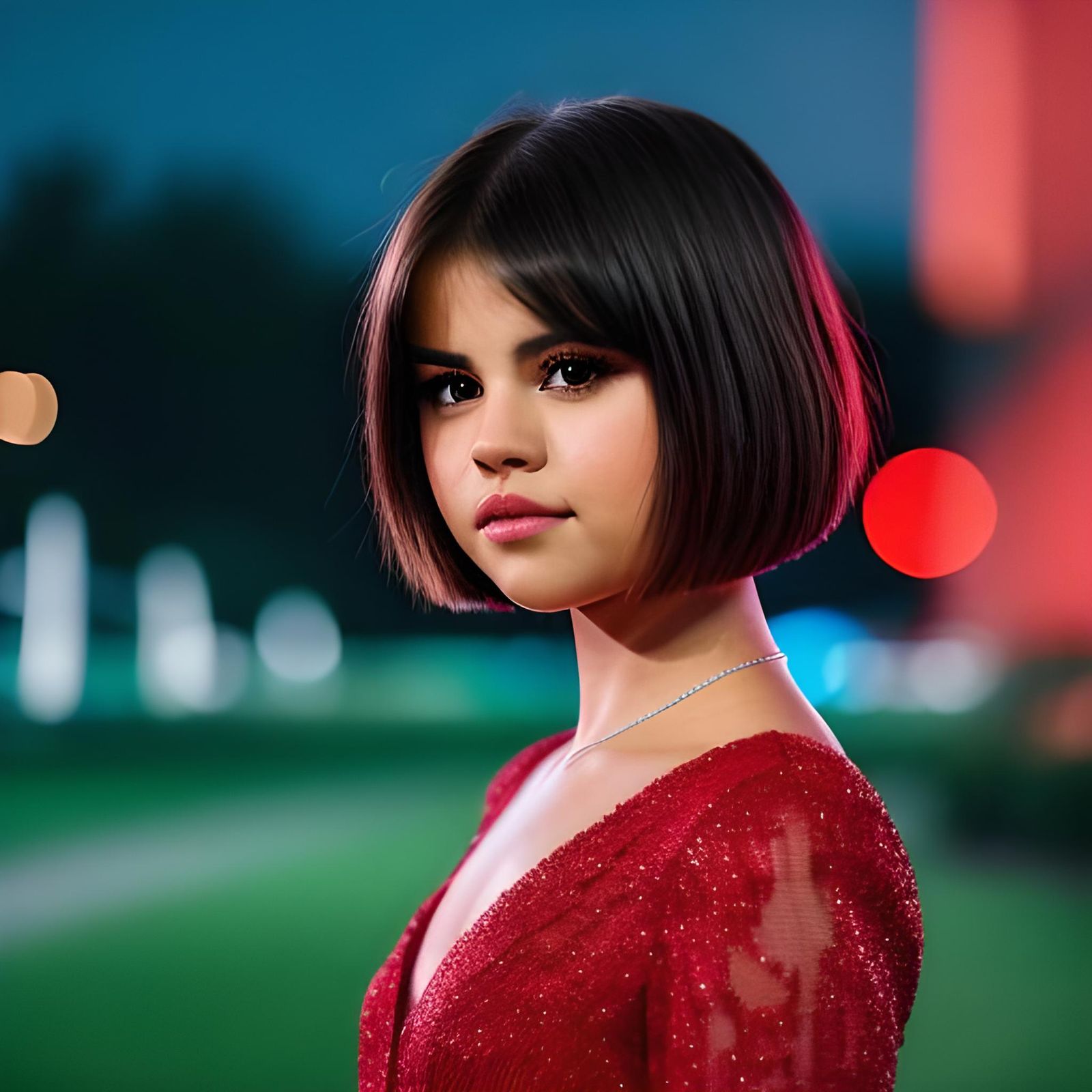 Selena Gomez with Bob Haircut in Red Dress