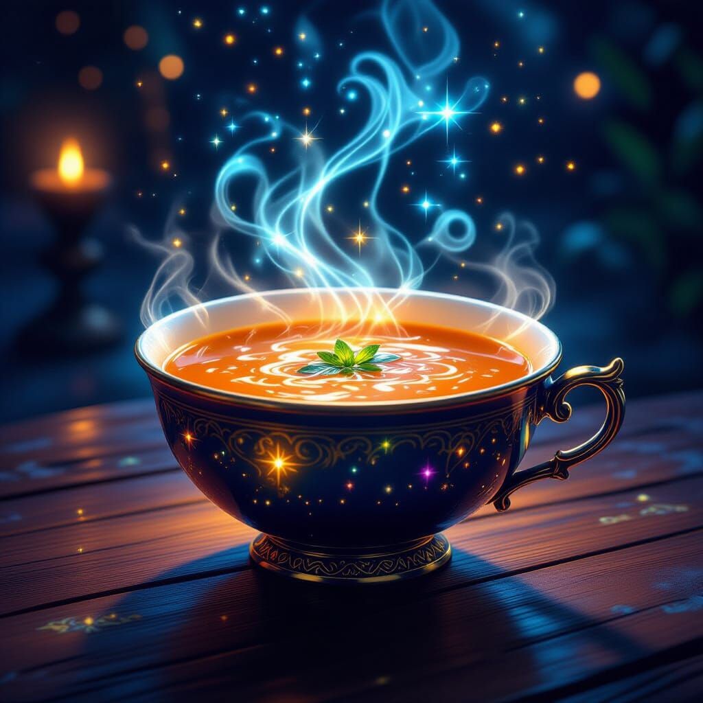 Magical Glowing Soup on Ancient Table