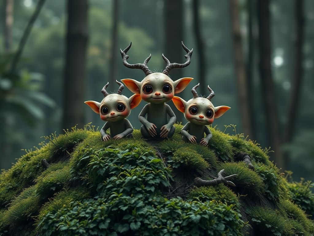 Cute Forest Spirits in a Lush Forest, Macro Photograph
