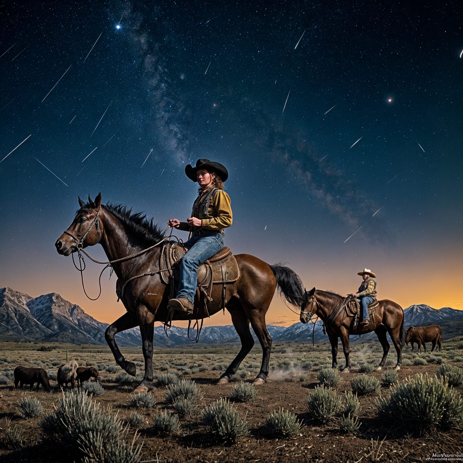 A ranch hand in Colorado, riding the range on a starlit night, watching over the cattle. <lora:Old West:1.0>