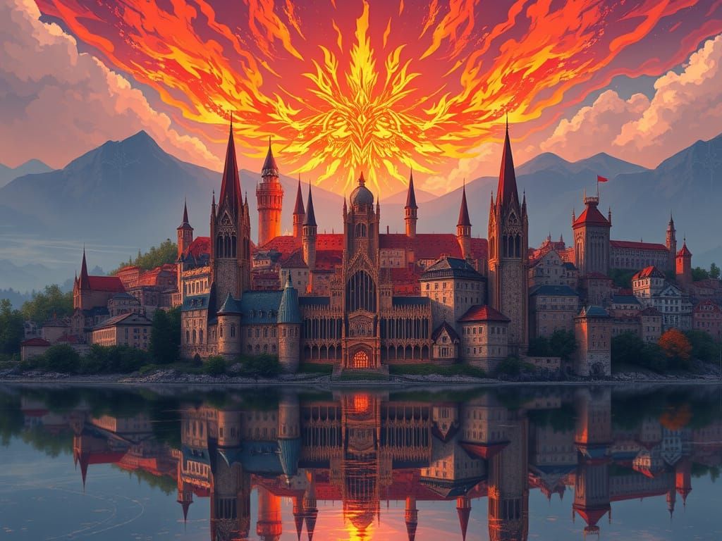 Medieval City on a Lake with Fiery Emblem