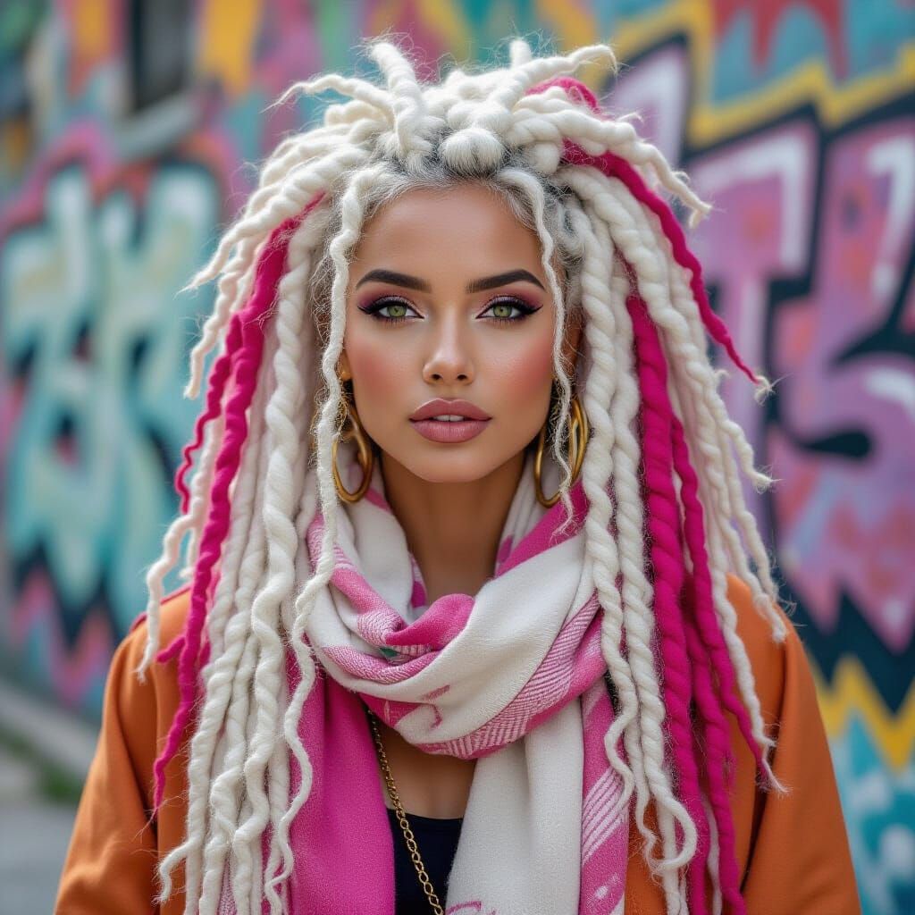 Stunning Woman with White and Fuchsia Dreads in Graffiti Art