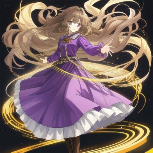 Anime Inspired Teenage Girl with Long Purple Dress and Cowgi...