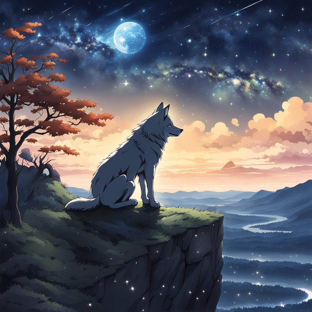 Anime Wolf Contemplates Starry Expanse