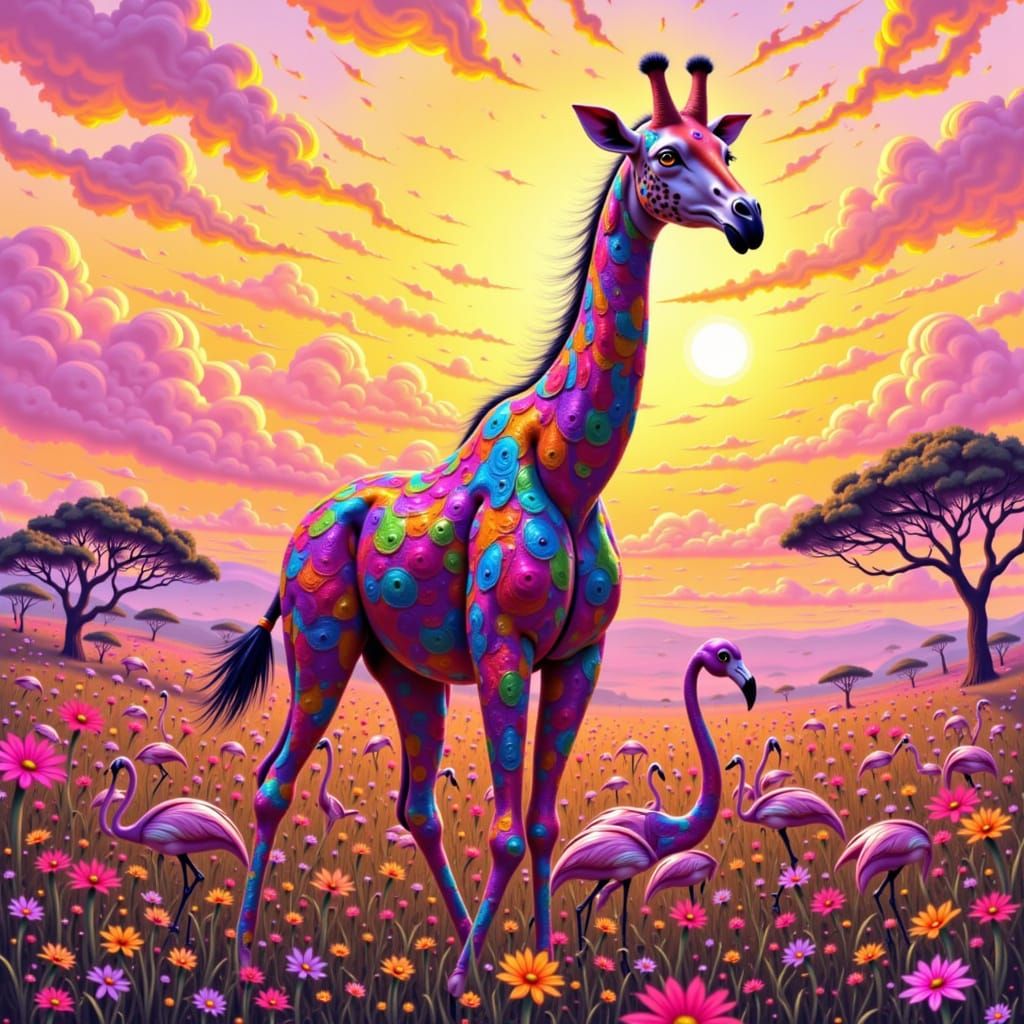 Flamingo-Giraffe Hybrid on Savanna in Expressive Style