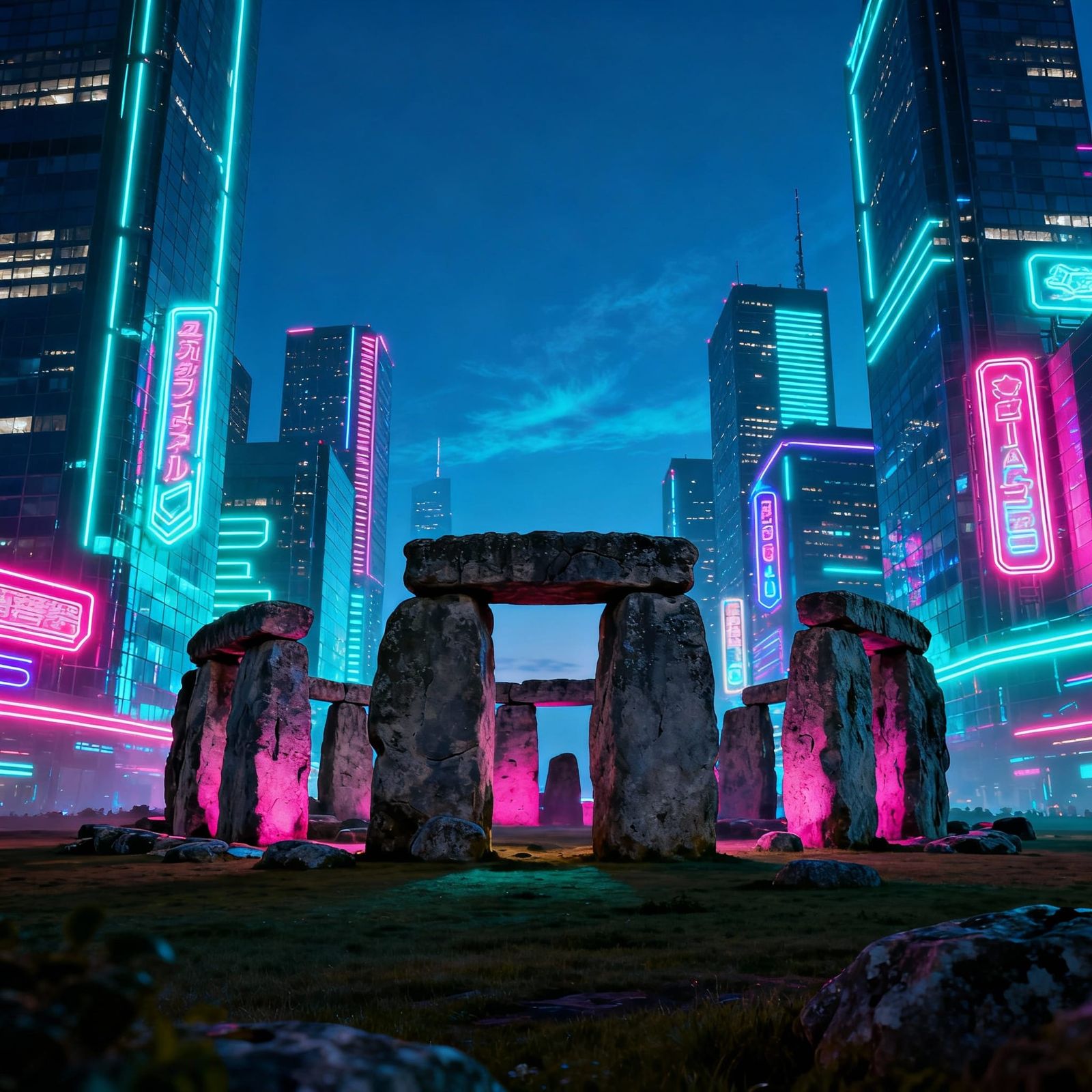 Stonehenge Amidst Futuristic Cityscape