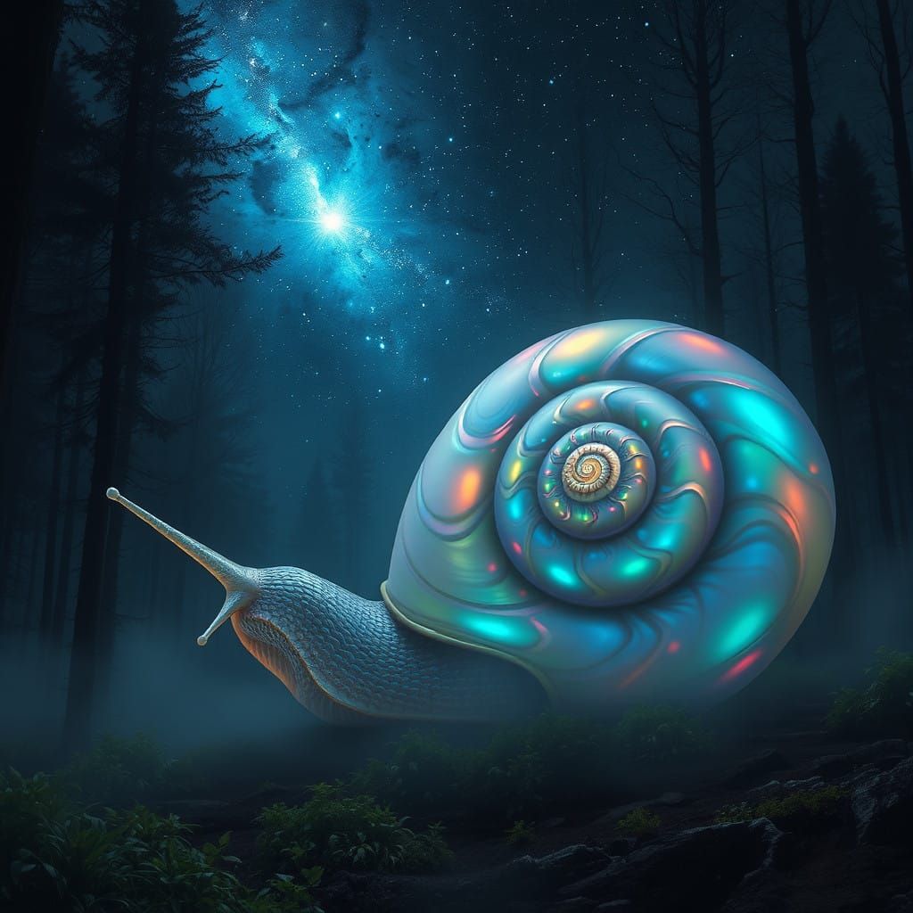 Ethereal Snail Emerges from Mystical Forest under Ominous Qu...