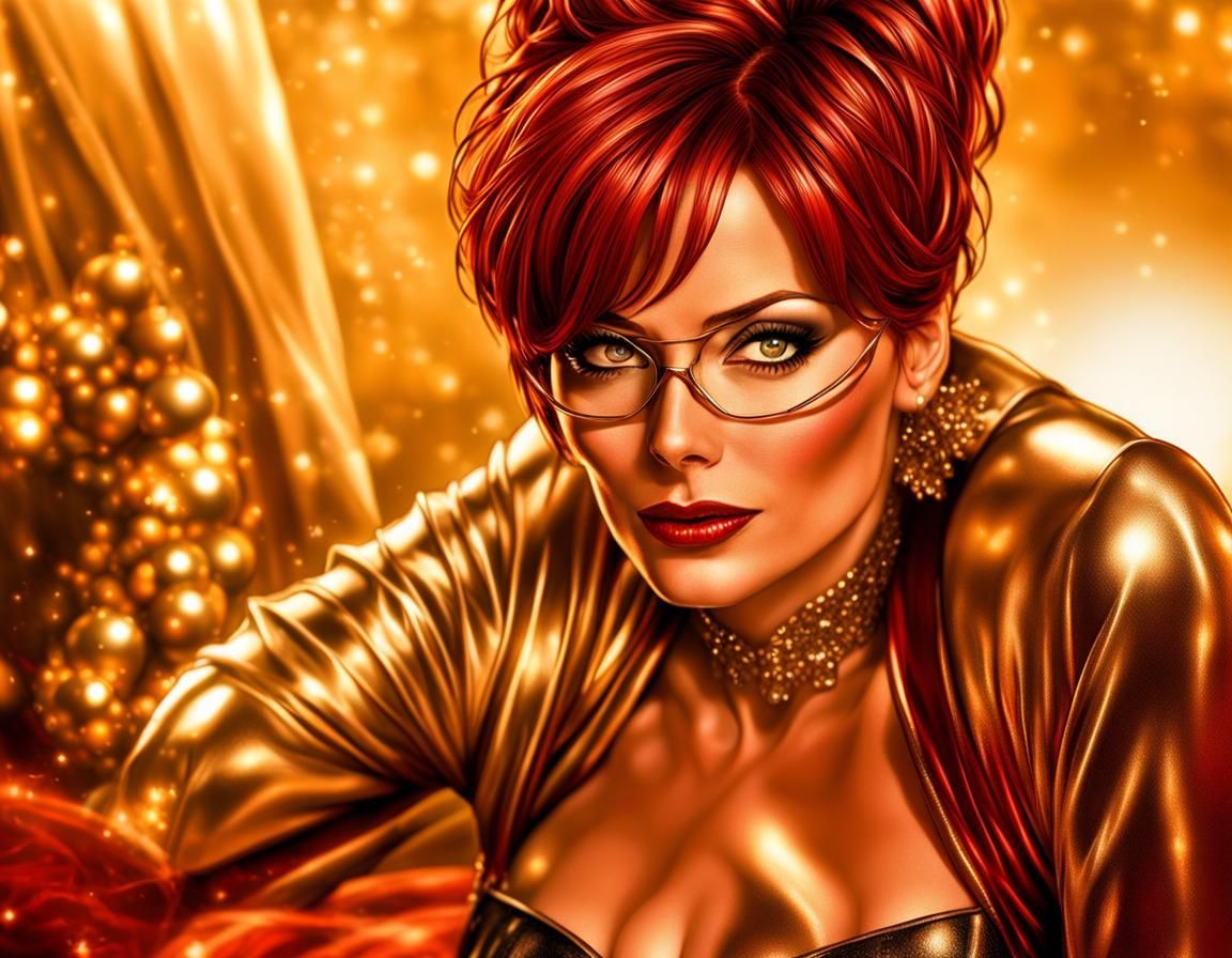 Glamorous Redhead in Leather Dress, Comic Book Art