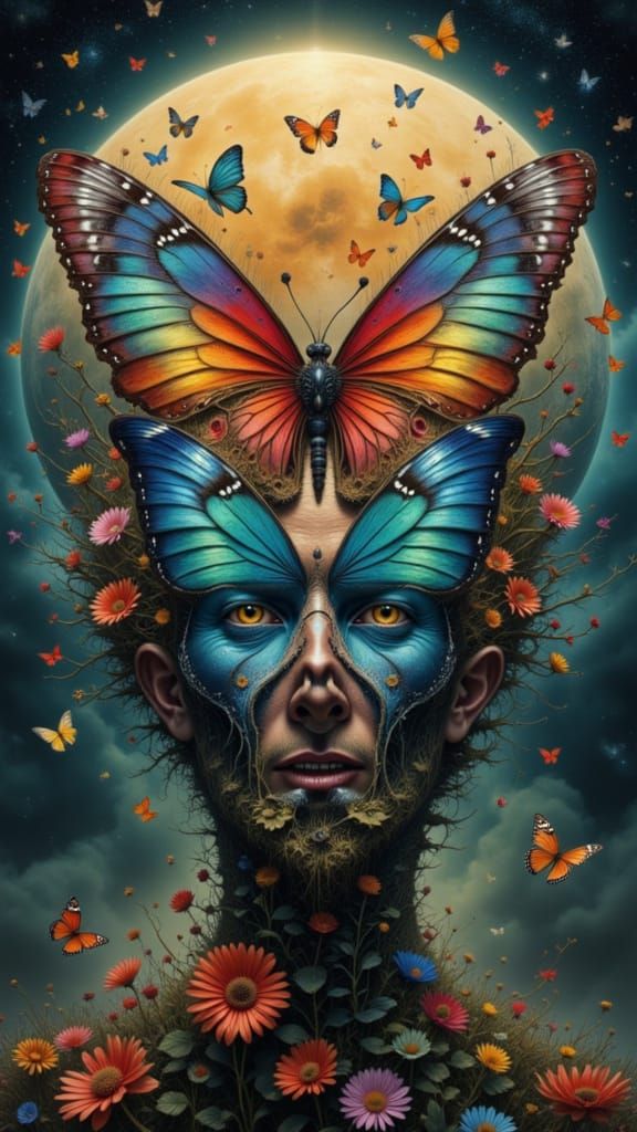 Fractal Man's Face of Butterfly Wings and Eyes