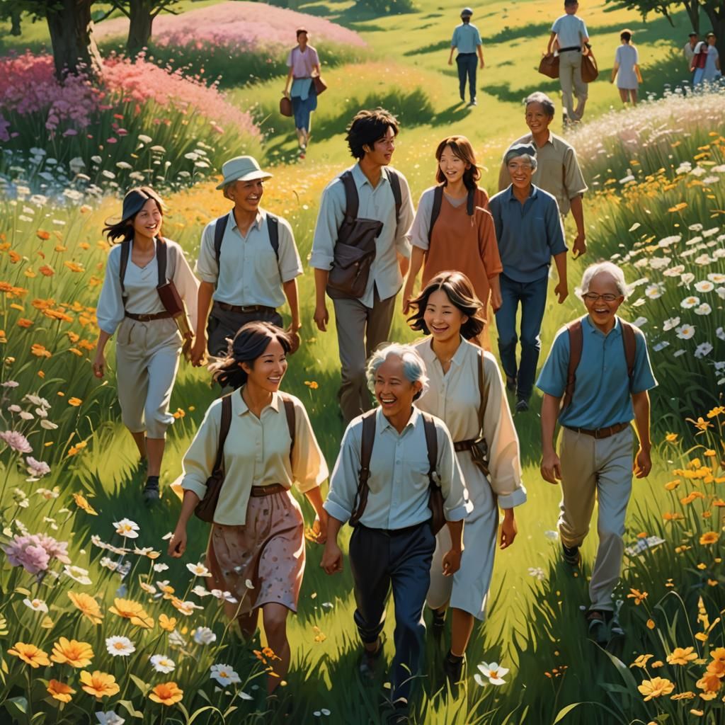 Diverse People Walking in Sunny Meadow, Anime Style