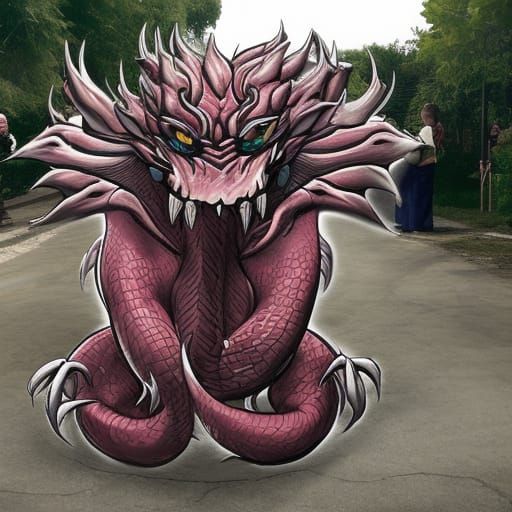 Dragon Sculpture Exhibit at Night in Relief Painting Style