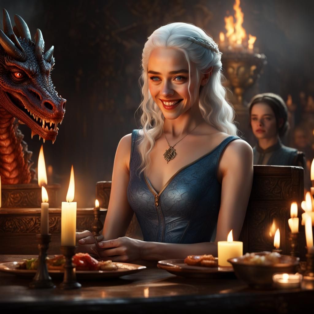 Targaryen Princess's Dragon-Lit Dinner: Fantasy Art