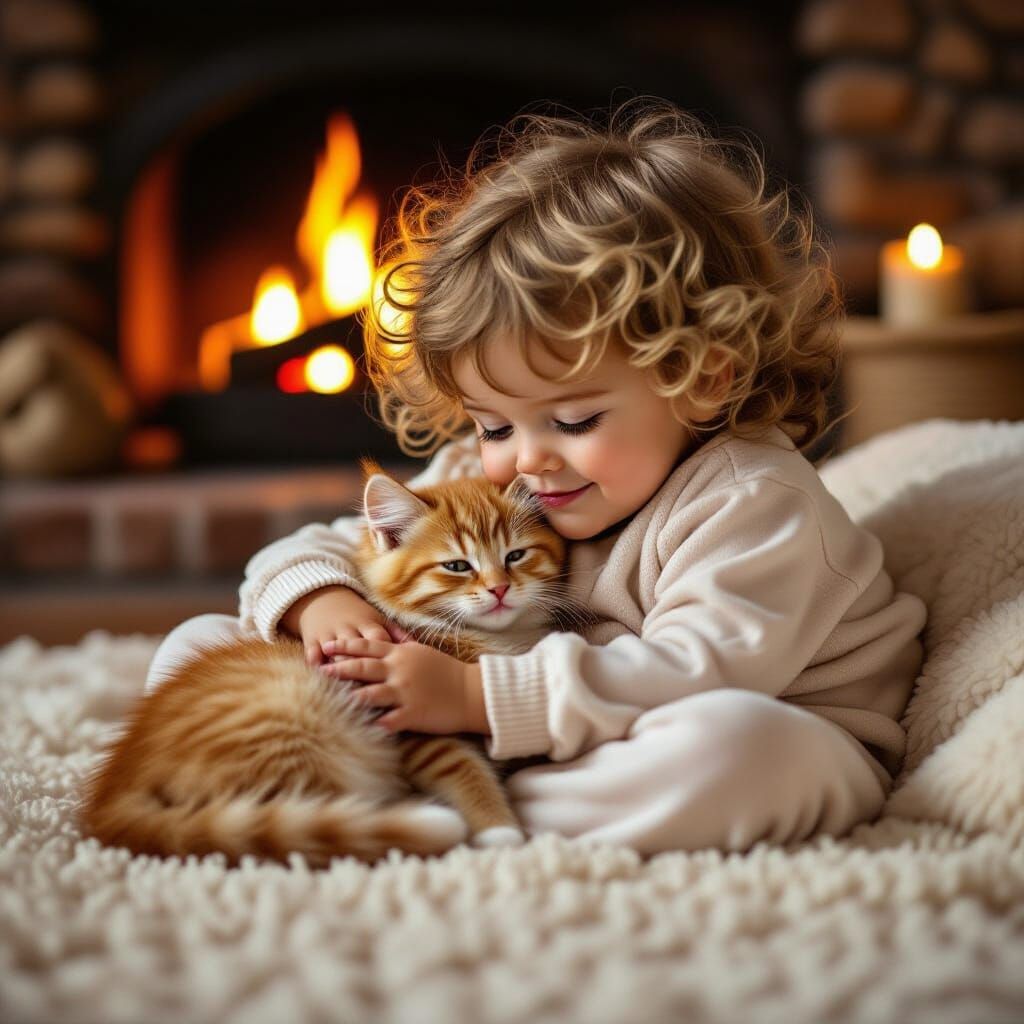 Cozy Child and Kitten by Fireplace, Soft Focus