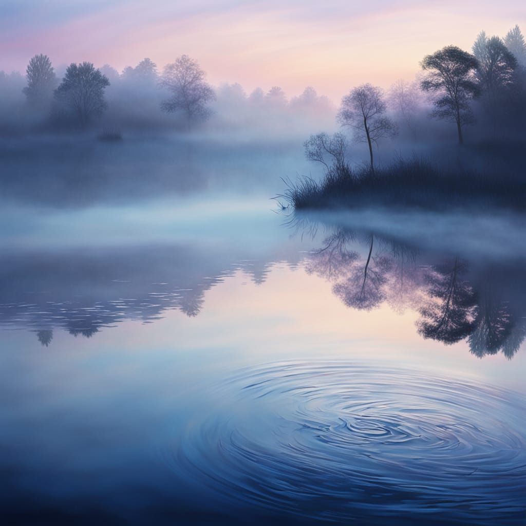 Ethereal Lake in Morning Mist: A Surreal Oil Painting