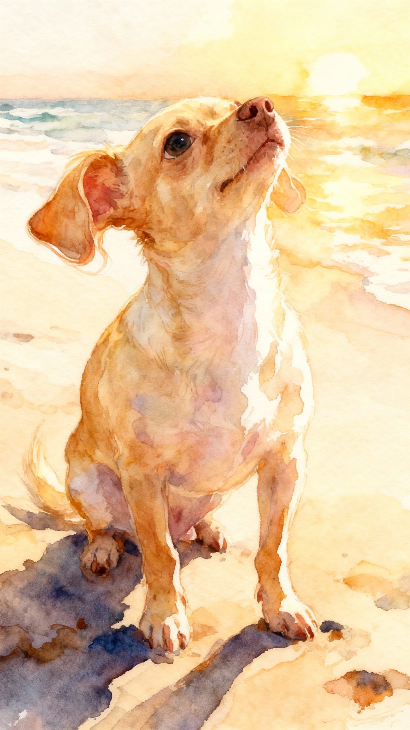 Blonde Chihuahua on Beach in Golden Hour Alcohol Ink