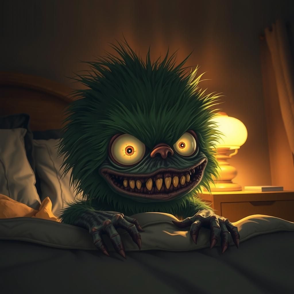 A warm, golden light spills from a bedside lamp, casting a cosy glow on a scary monster peeking out from under a bed, it...