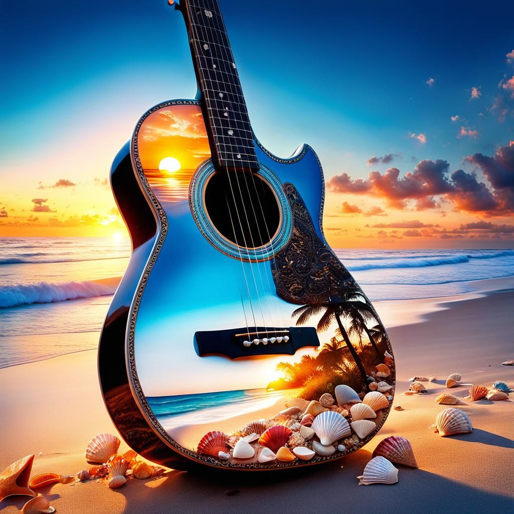 Sunset and Guitar Double Exposure: Vibrant Watercolor Art
