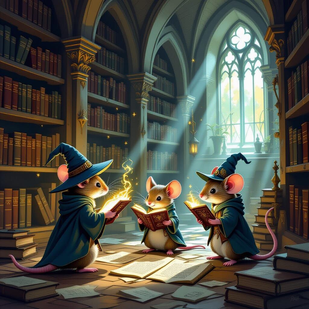 Anthropomorphic Mice Explore Ancient Library in Painterly St...