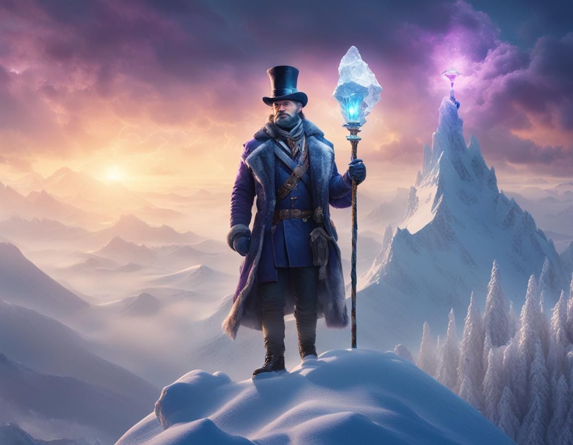 Victorious Adventurer on Snowy Peak in Surreal Winter