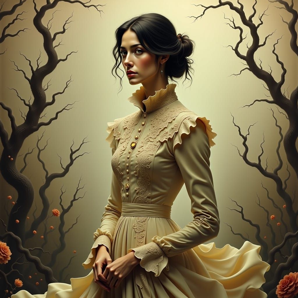 Victorian Woman in Dreamlike Watercolor Setting