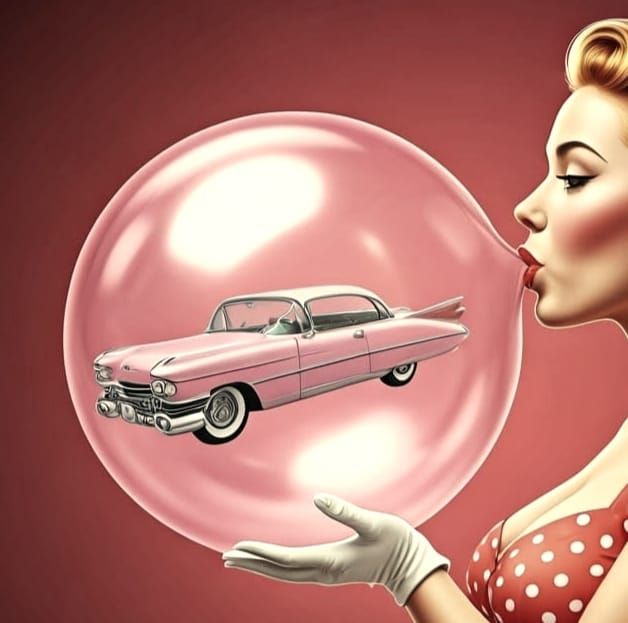 Vintage Pin Up Girl Blows Bubble Gum with a Hidden 50s Cadil...