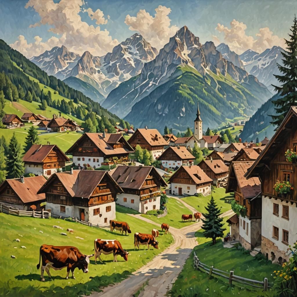 Bavarian Village in Mountains: Oil on Canvas