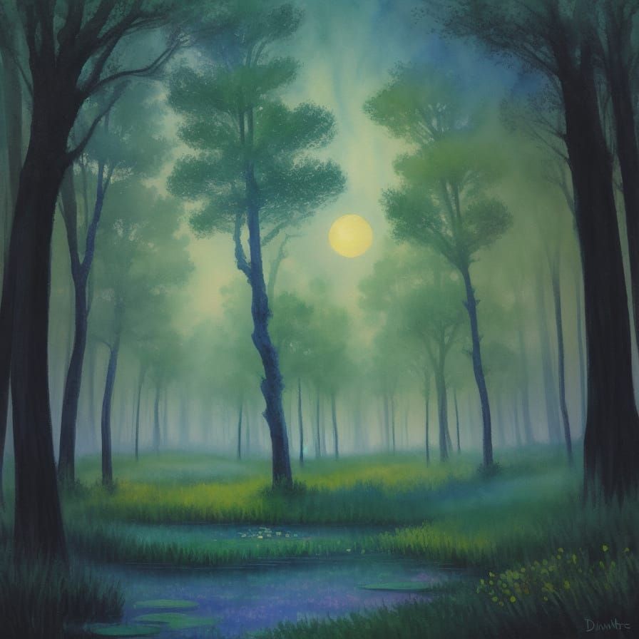 Moonlit Forest Landscape in Impressionist Style