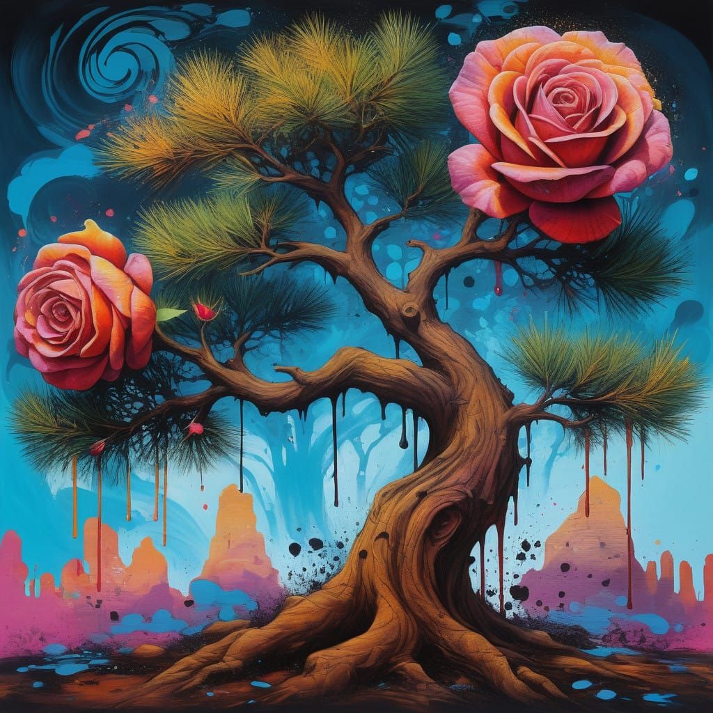 Majestic Pine Tree Merges with Delicate Rose in Vibrant Graf...