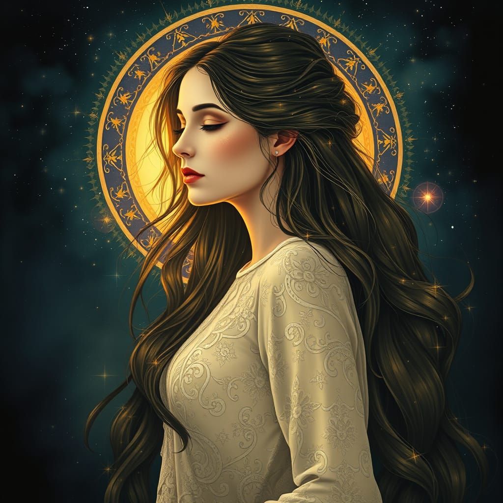 Divine Goddess in Whimsical Art Nouveau Style