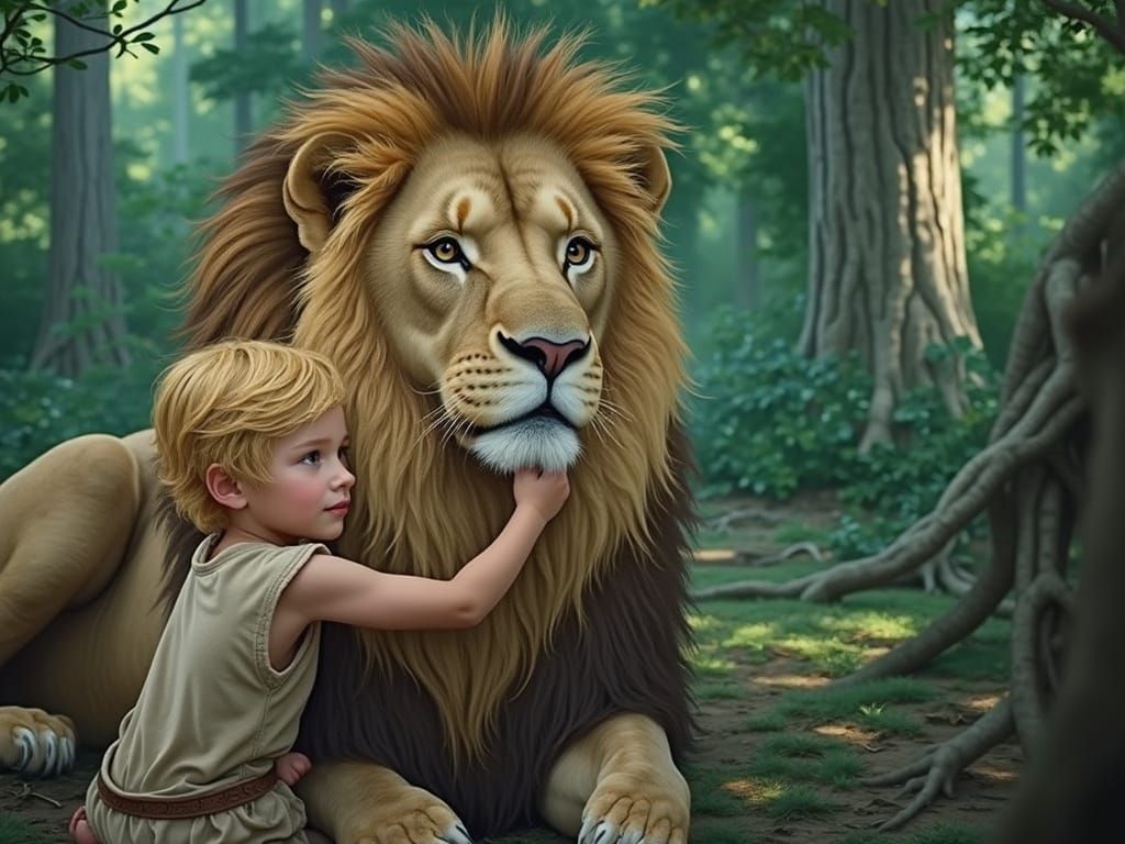 Boy and Lion in Sunlit Forest Clearing