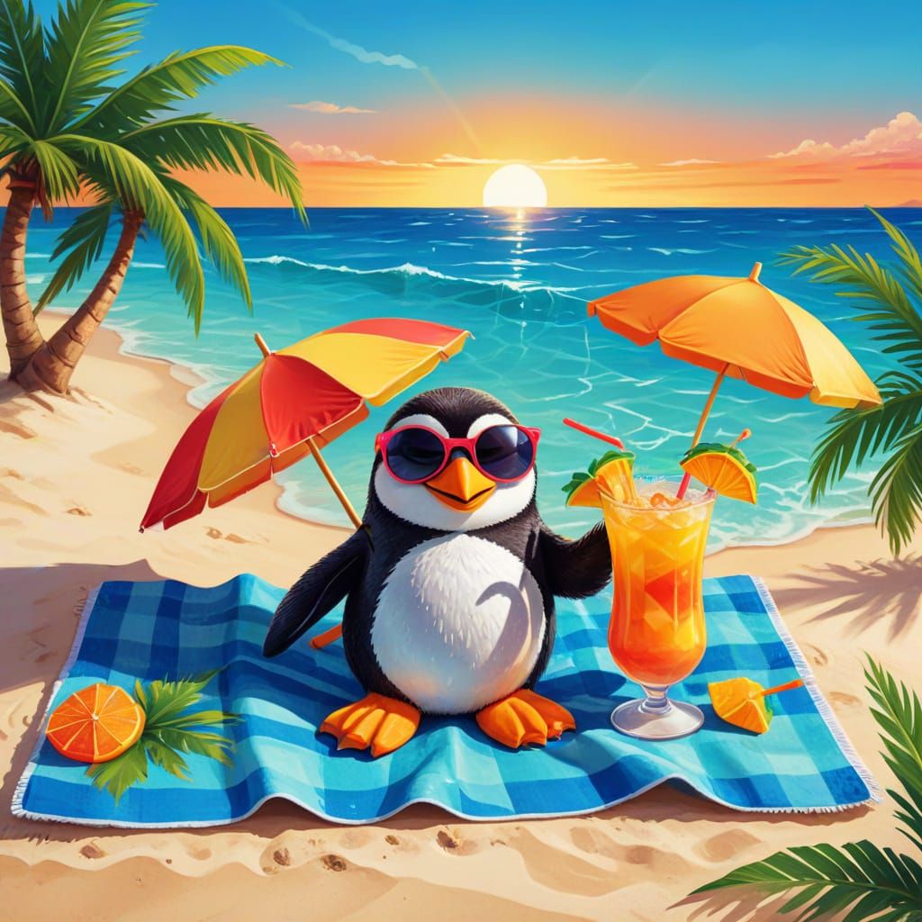 Penguin's Beach Vacation in Cartoon Style