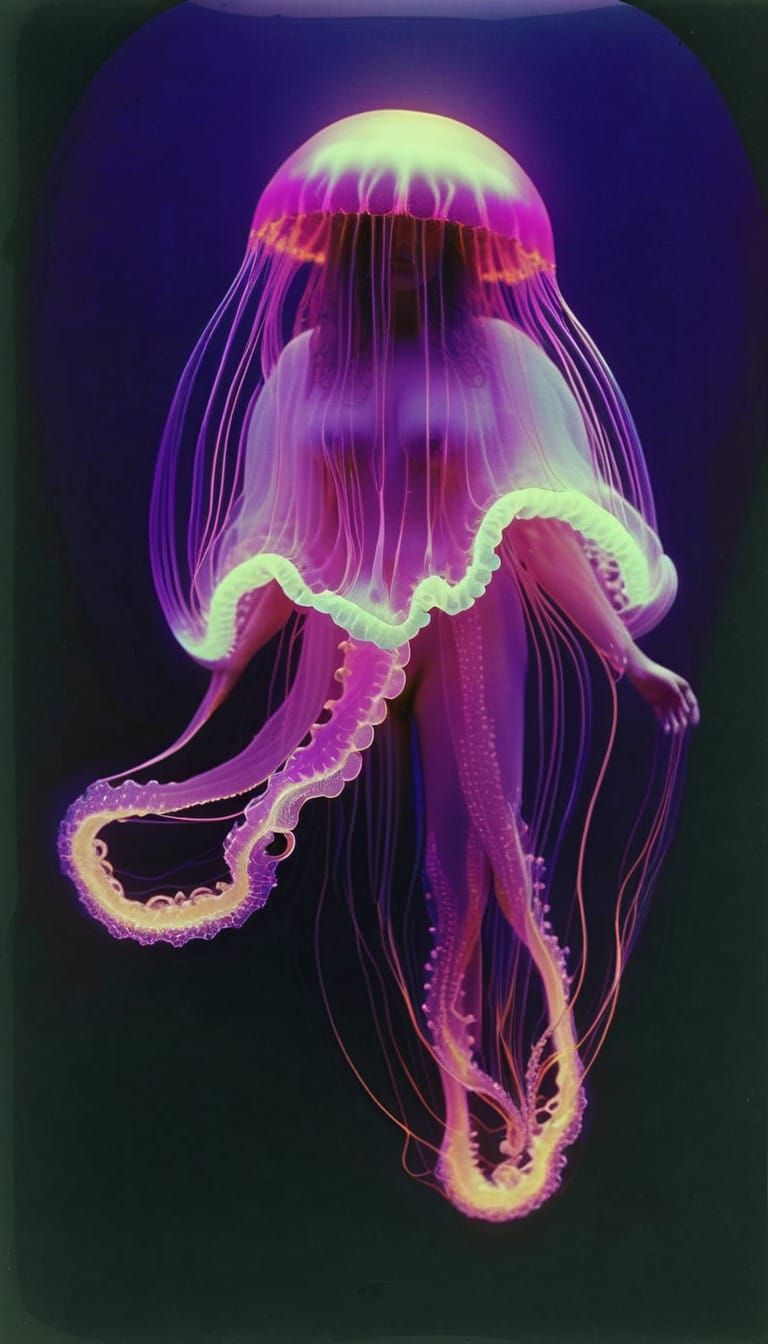 Vibrant Geometric Ghost Jellyfish Glowing Woman in Autochrom...