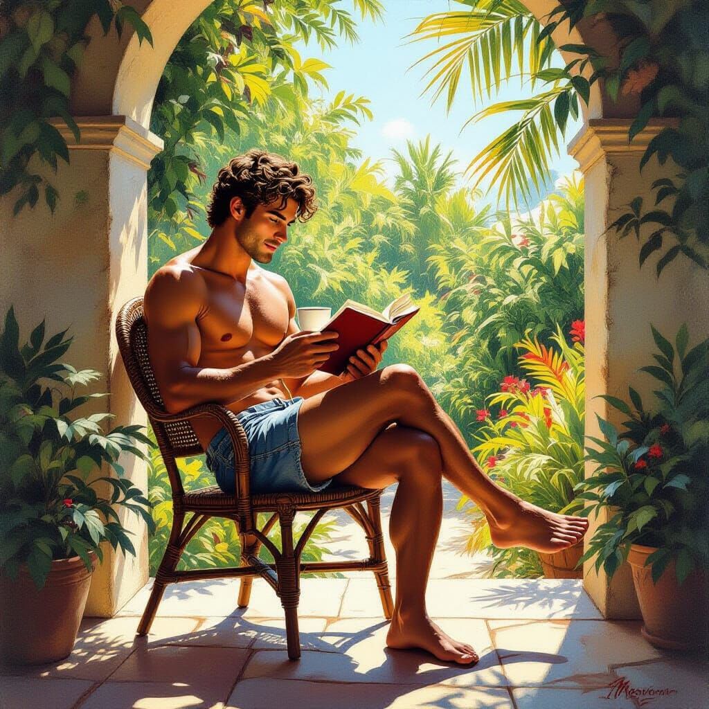 Man Reading in Lush Garden Alcove, Vibrant Sensual Style