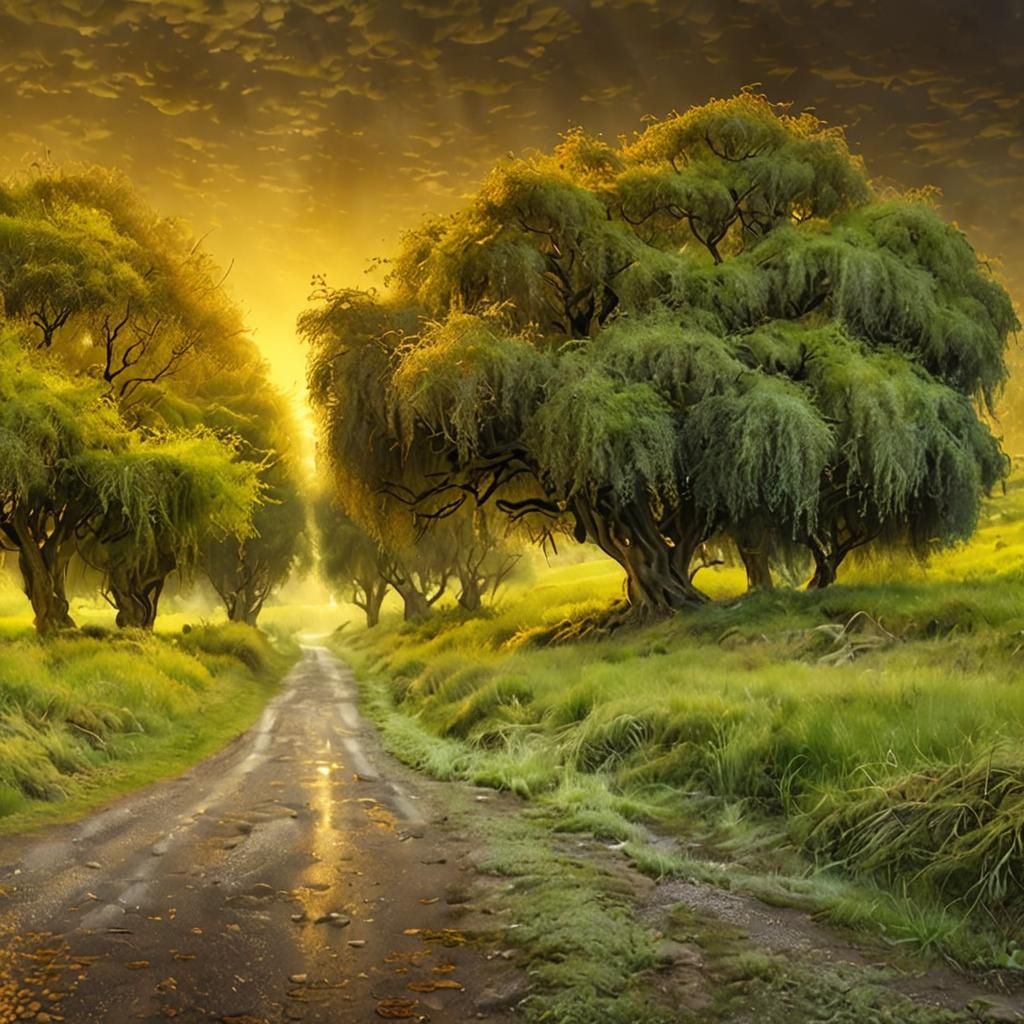 Impressionist Landscape Painting of a Mossy Road