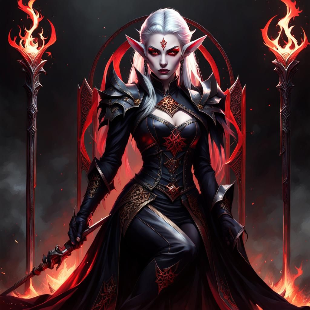 Menacing Elf Death Cleric with Red Tattoos