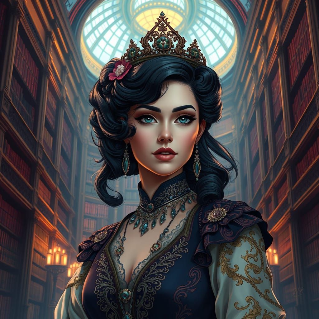 Elegant Queen in a Majestic Public Library Setting