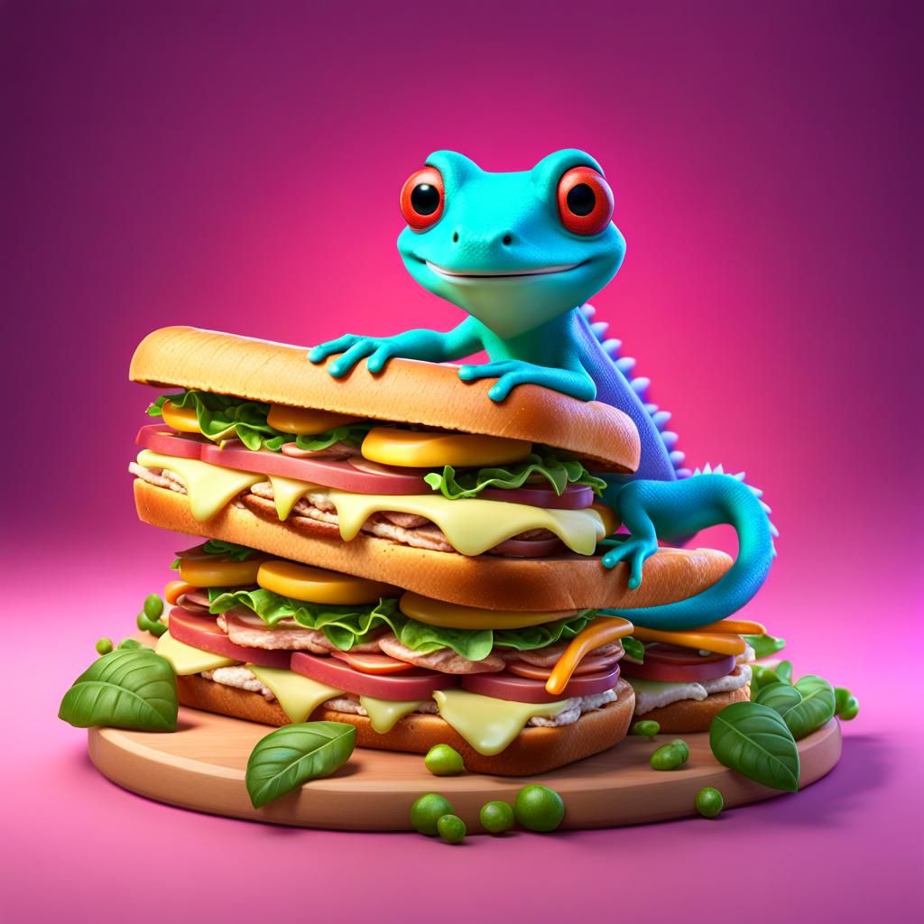 Gecko's Giant Sandwich: 3D Digital Art