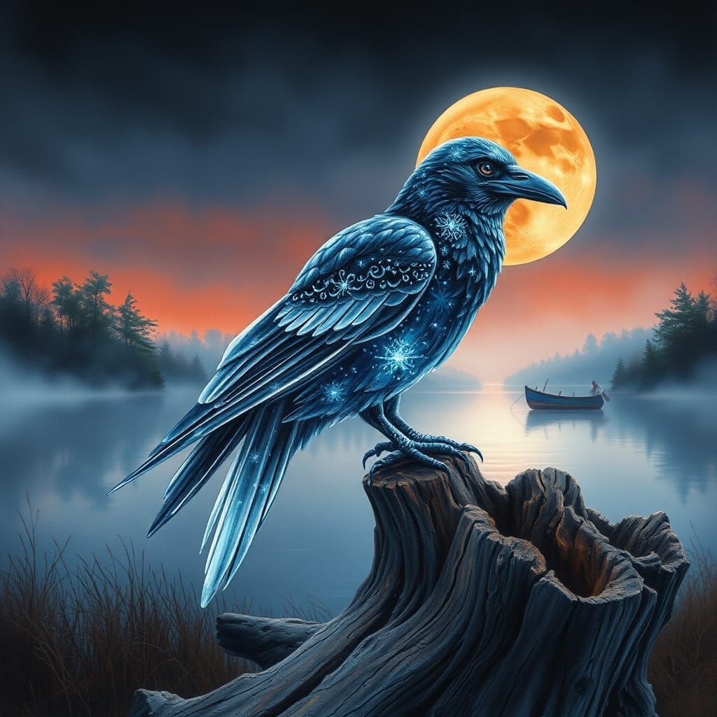 Bioluminescent Crystal Raven Watercolor Under Blood Moon