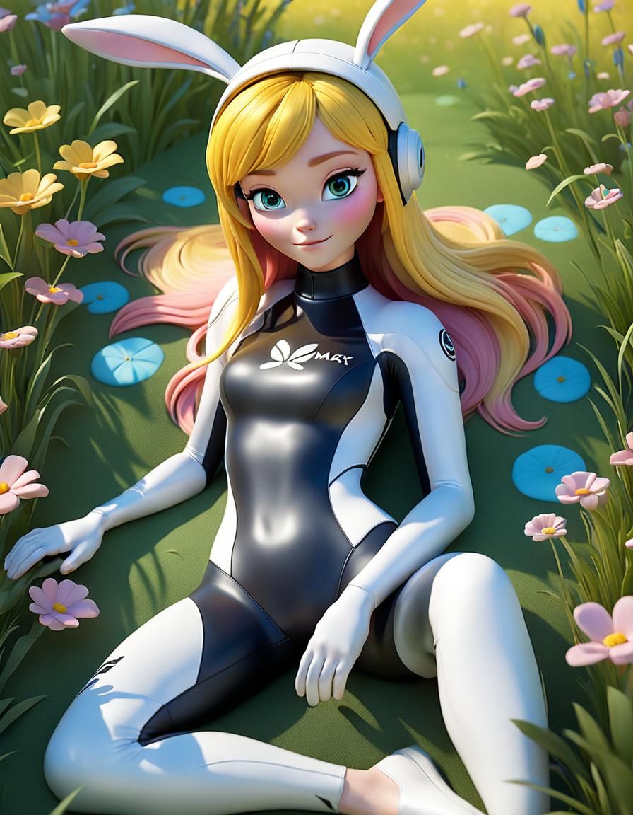 Rabbit-Eared Woman in Meadow: 3D Digital Art