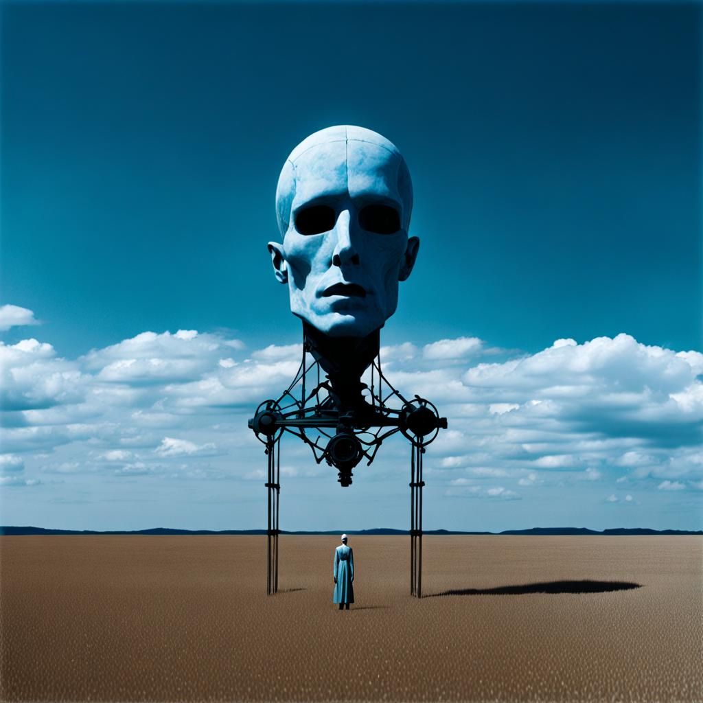Lonely Cloud-Head Tripod Figure in Surreal Landscape