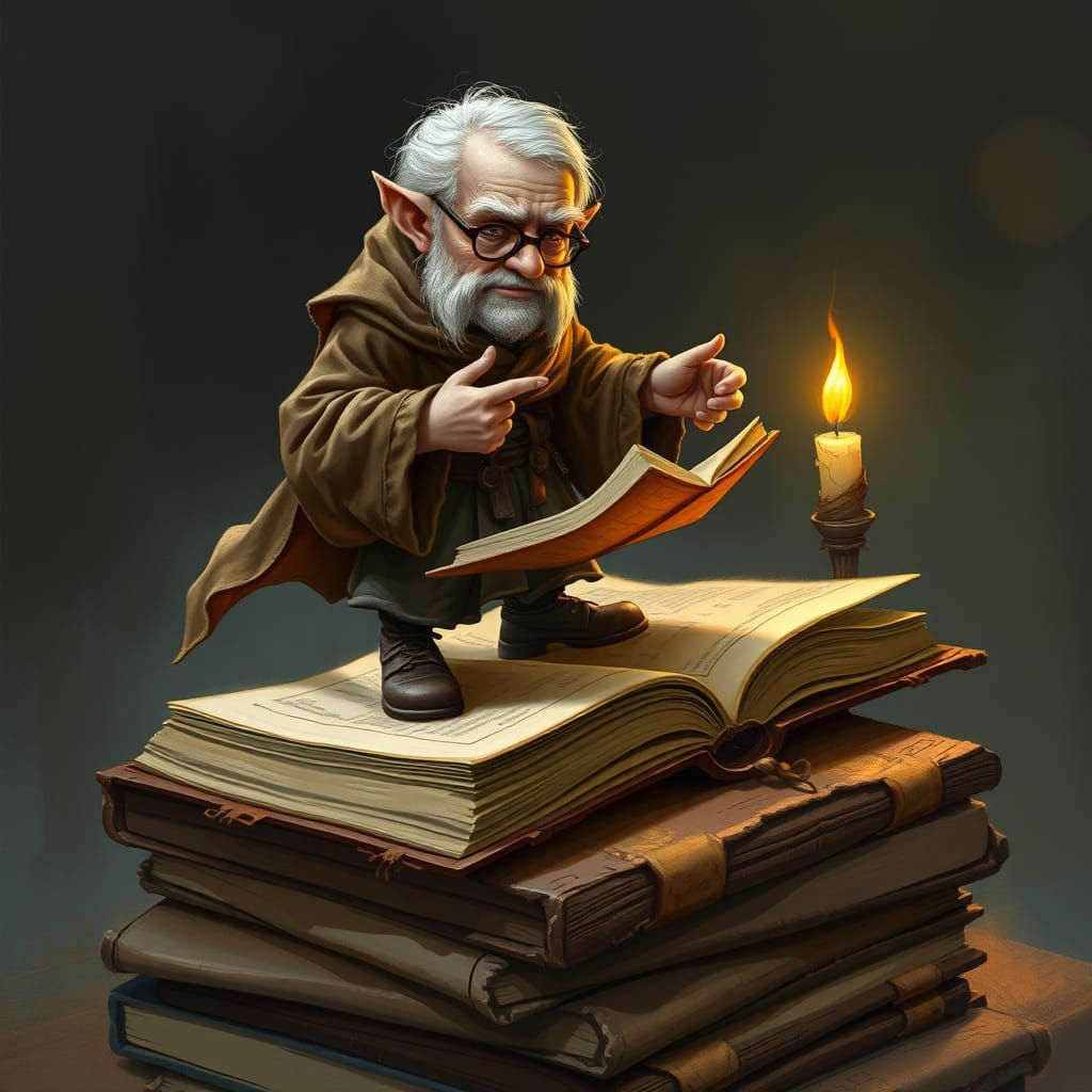 Whimsical Halfling Scholar in a Dusty Library