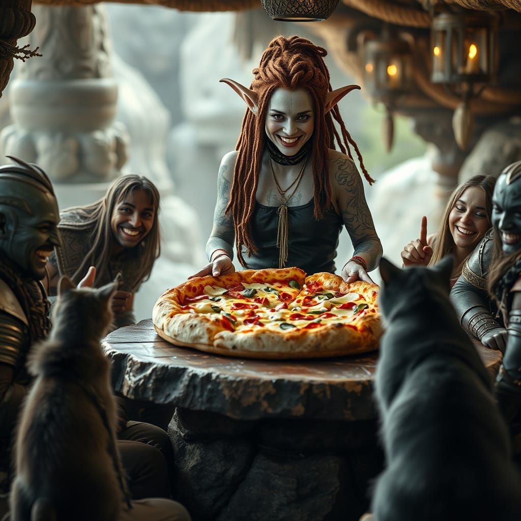 Goblin Serves Pizza to Warriors: Cinematic Film Still