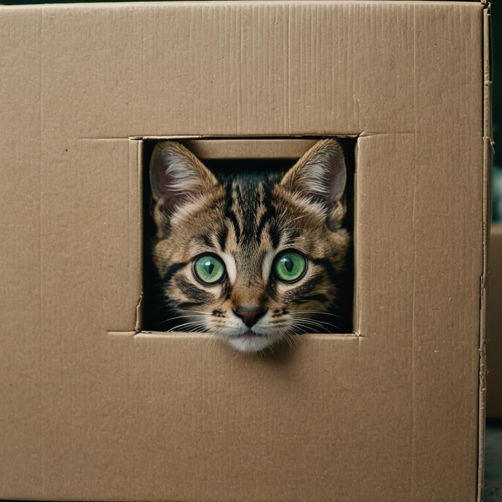 Kitten with Big Green Eyes in a Box