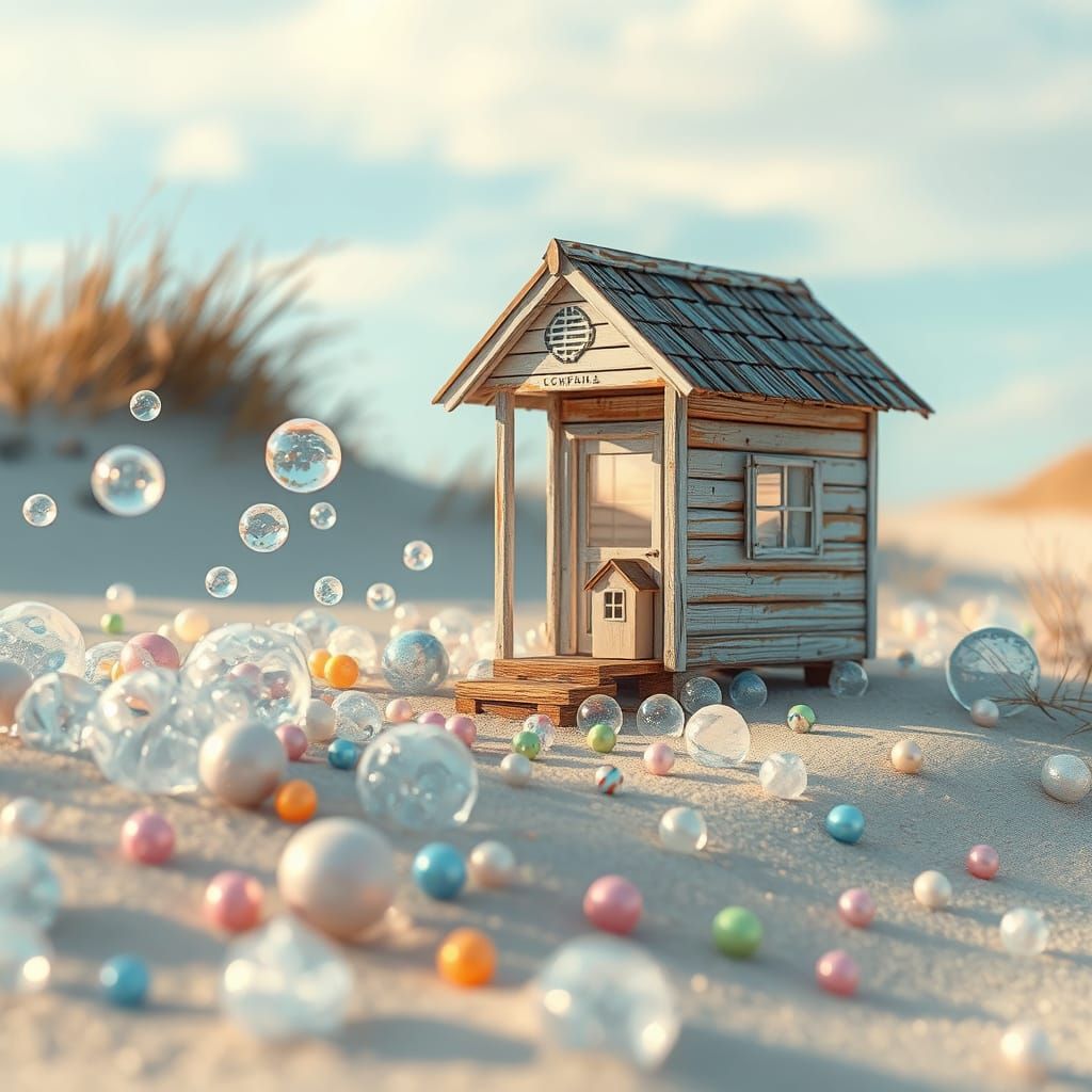 Whimsical Beach Hut Scene with Glass Bubbles and Pearls in A...