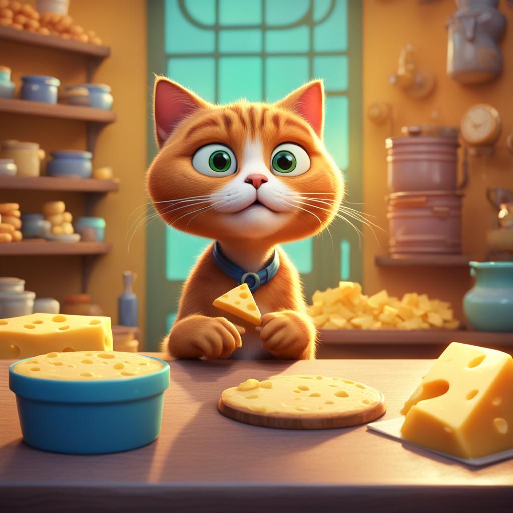 Cat Begging for Cheese: Pixar-Style 3D Digital Art