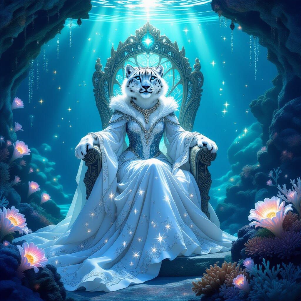 Snow Leopard Queen in Bioluminescent Underwater Grotto