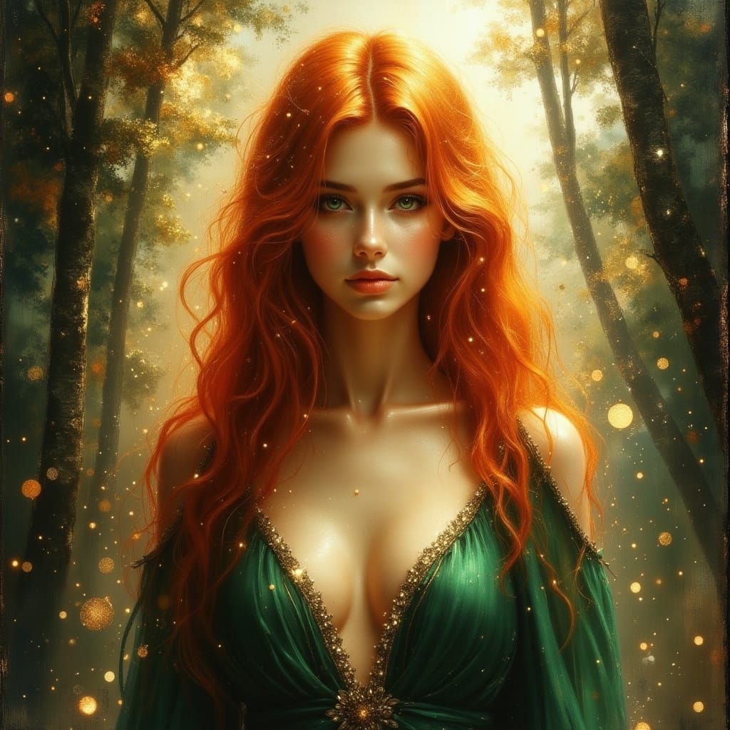 Red-Haired Woman in Dreamlike Forest as Oil Painting