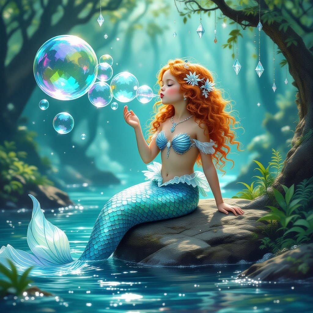 Mystical Mermaid in Underwater Forest, Art Nouveau Style