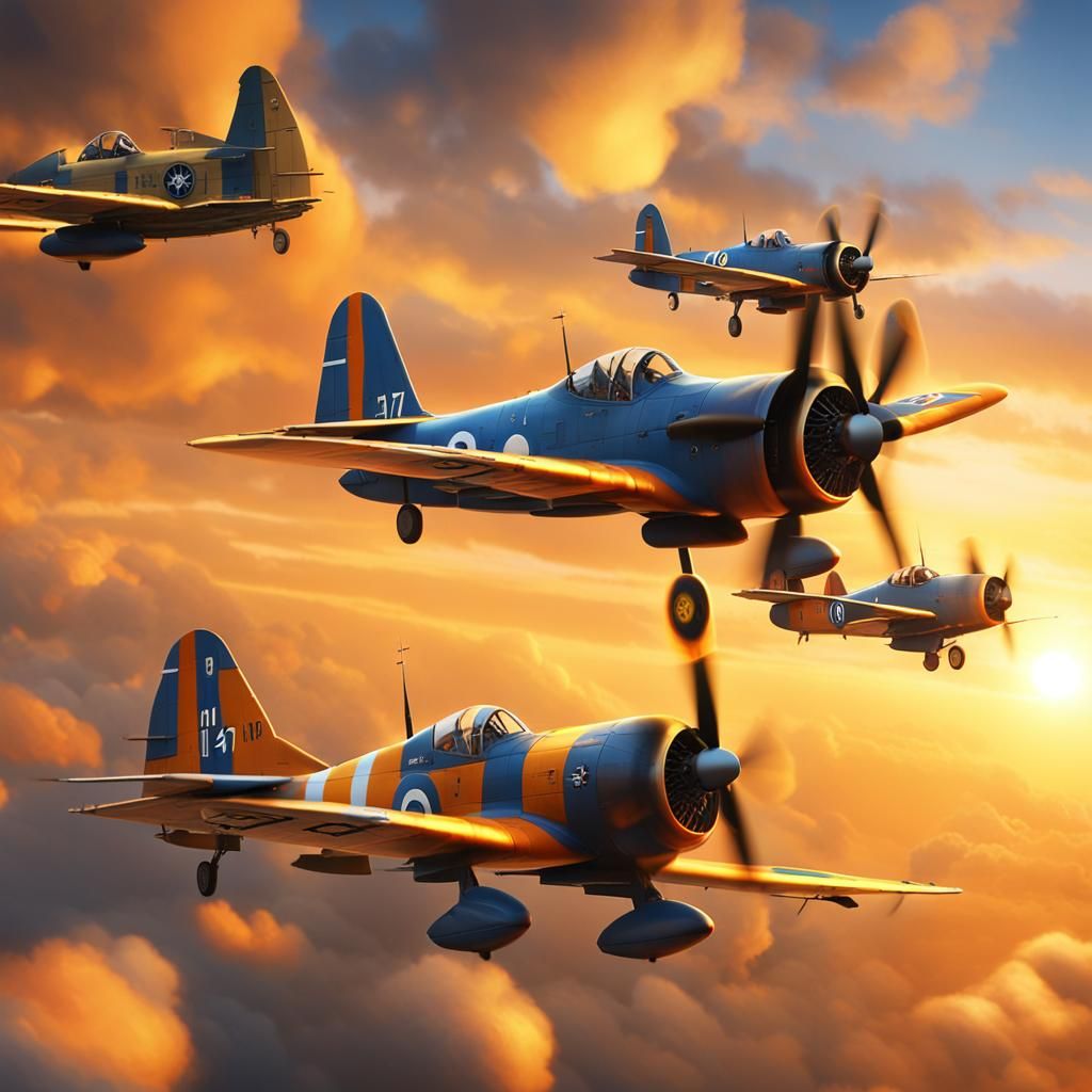 Vintage Fighter Planes Sunset: Digital Oil Painting