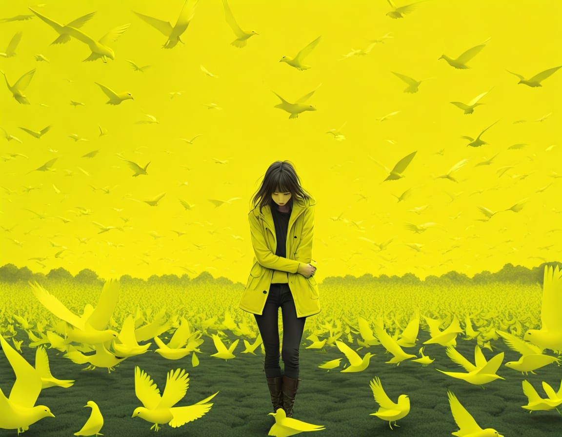 Thousands of Neon Yellow Birds Swirl Around Girl in Luminous...